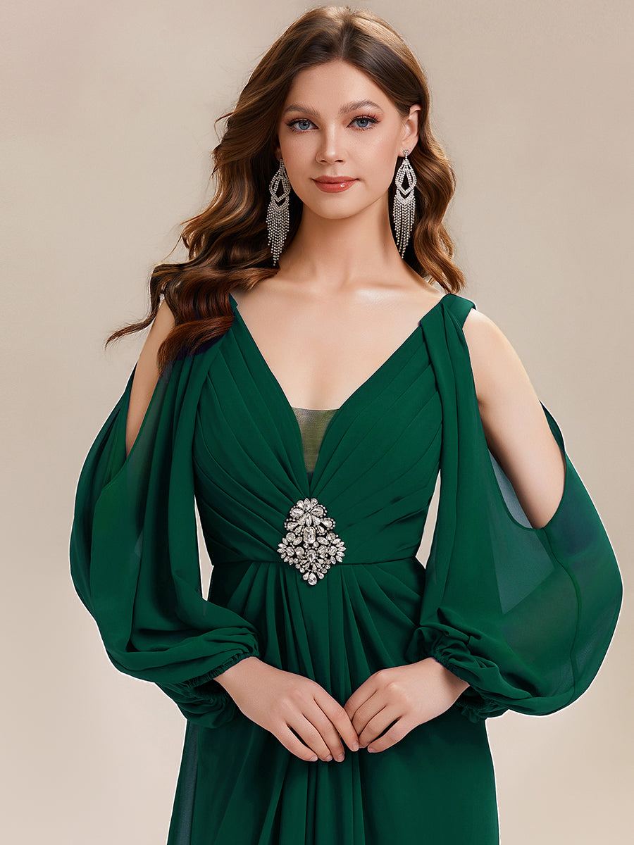 Rhinestone Embellished Chiffon Lantern Sleeve Wedding Guest Dress #color_Dark Green