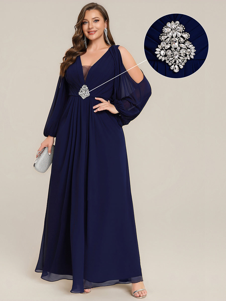 Rhinestone Embellished Chiffon Lantern Sleeve Wedding Guest Dress #color_Navy Blue