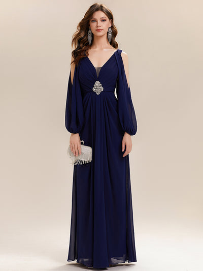 Rhinestone Embellished Chiffon Lantern Sleeve Wedding Guest Dress #color_Navy Blue