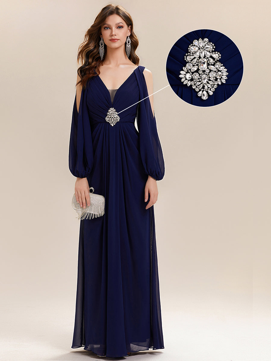 Rhinestone Embellished Chiffon Lantern Sleeve Wedding Guest Dress #color_Navy Blue