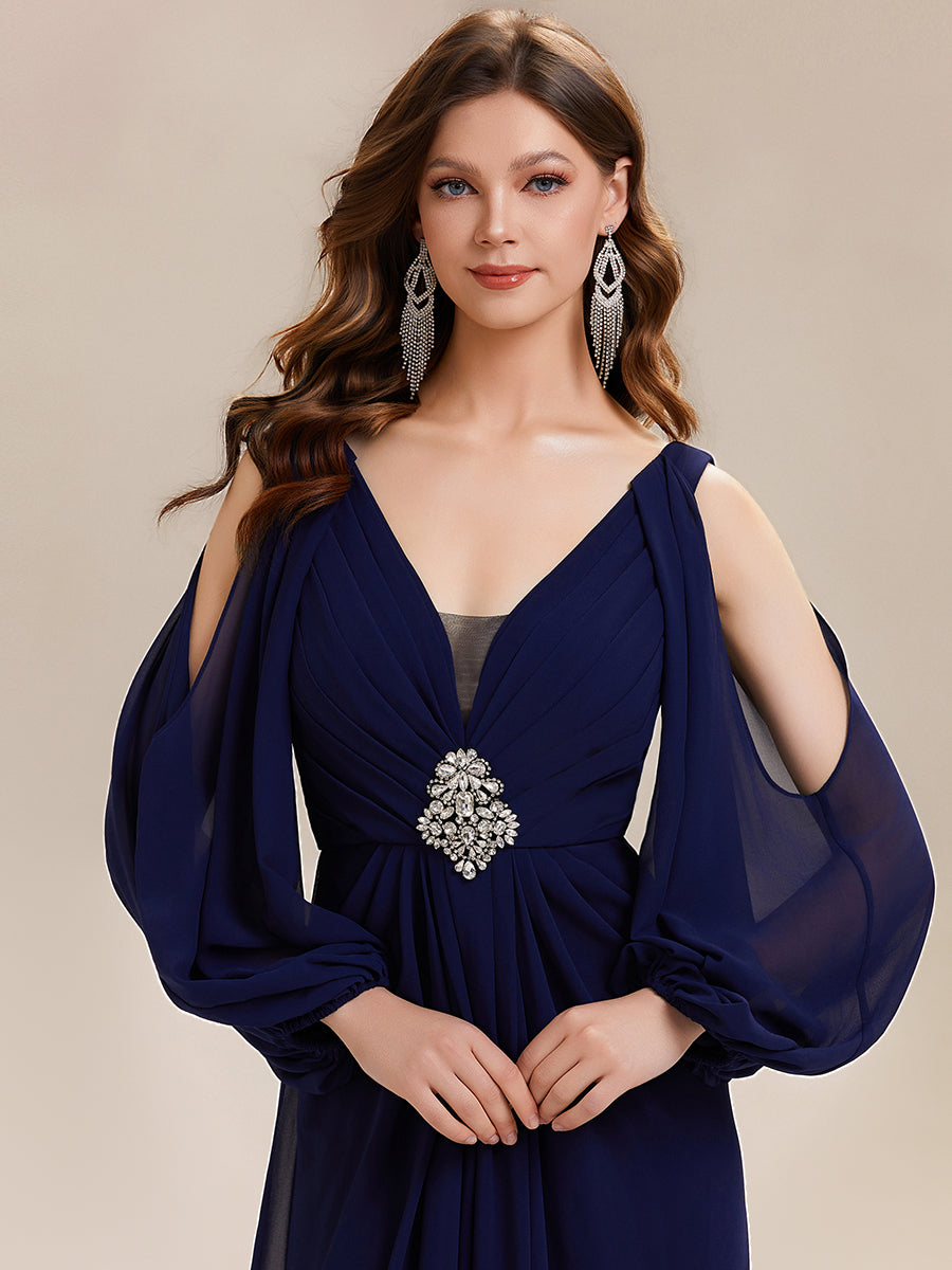 Rhinestone Embellished Chiffon Lantern Sleeve Wedding Guest Dress #color_Navy Blue