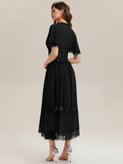 Cut-Out Detail Chiffon Ruffle Sleeve Wedding Guest Dress #color_Black