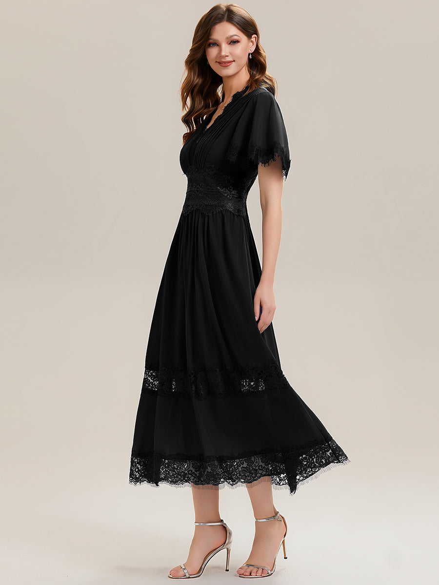 Cut-Out Detail Chiffon Ruffle Sleeve Wedding Guest Dress #color_Black