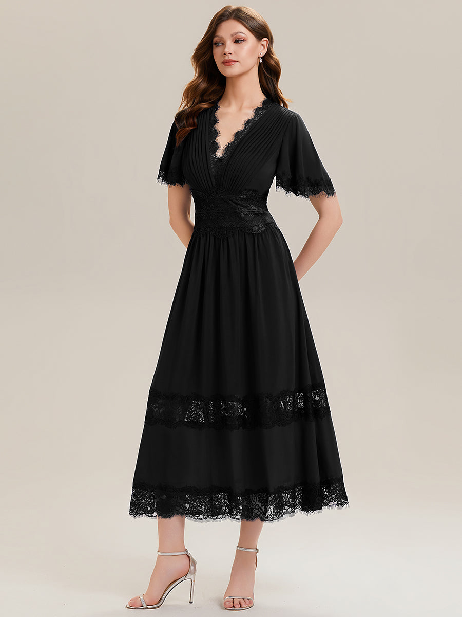 Cut-Out Detail Chiffon Ruffle Sleeve Wedding Guest Dress #color_Black