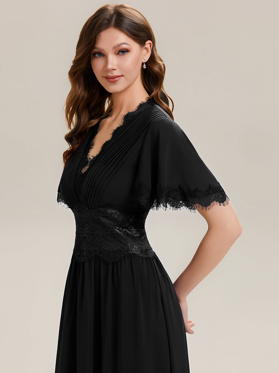 Cut-Out Detail Chiffon Ruffle Sleeve Wedding Guest Dress #color_Black