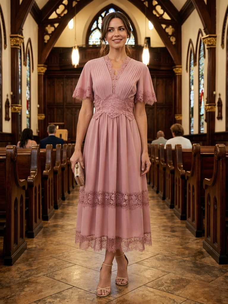Cut-Out Detail Chiffon Ruffle Sleeve Wedding Guest Dress #color_Dusty Rose