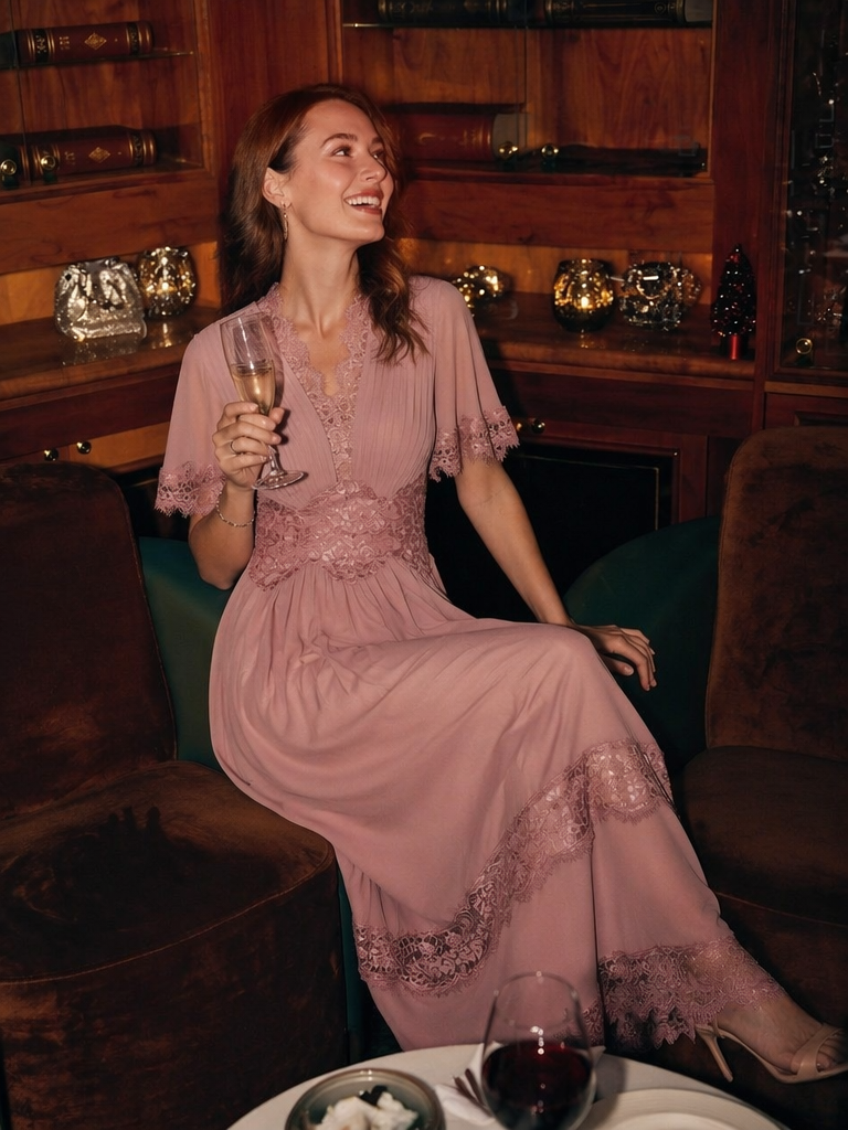Cut-Out Detail Chiffon Ruffle Sleeve Wedding Guest Dress #color_Dusty Rose
