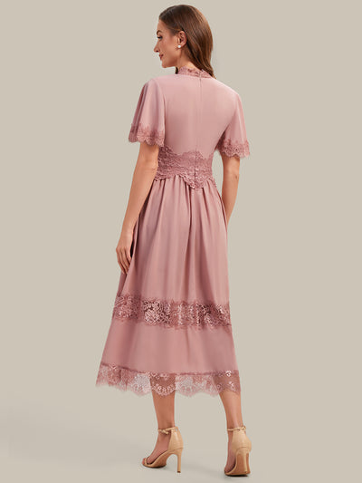 Cut-Out Detail Chiffon Ruffle Sleeve Wedding Guest Dress #color_Dusty Rose