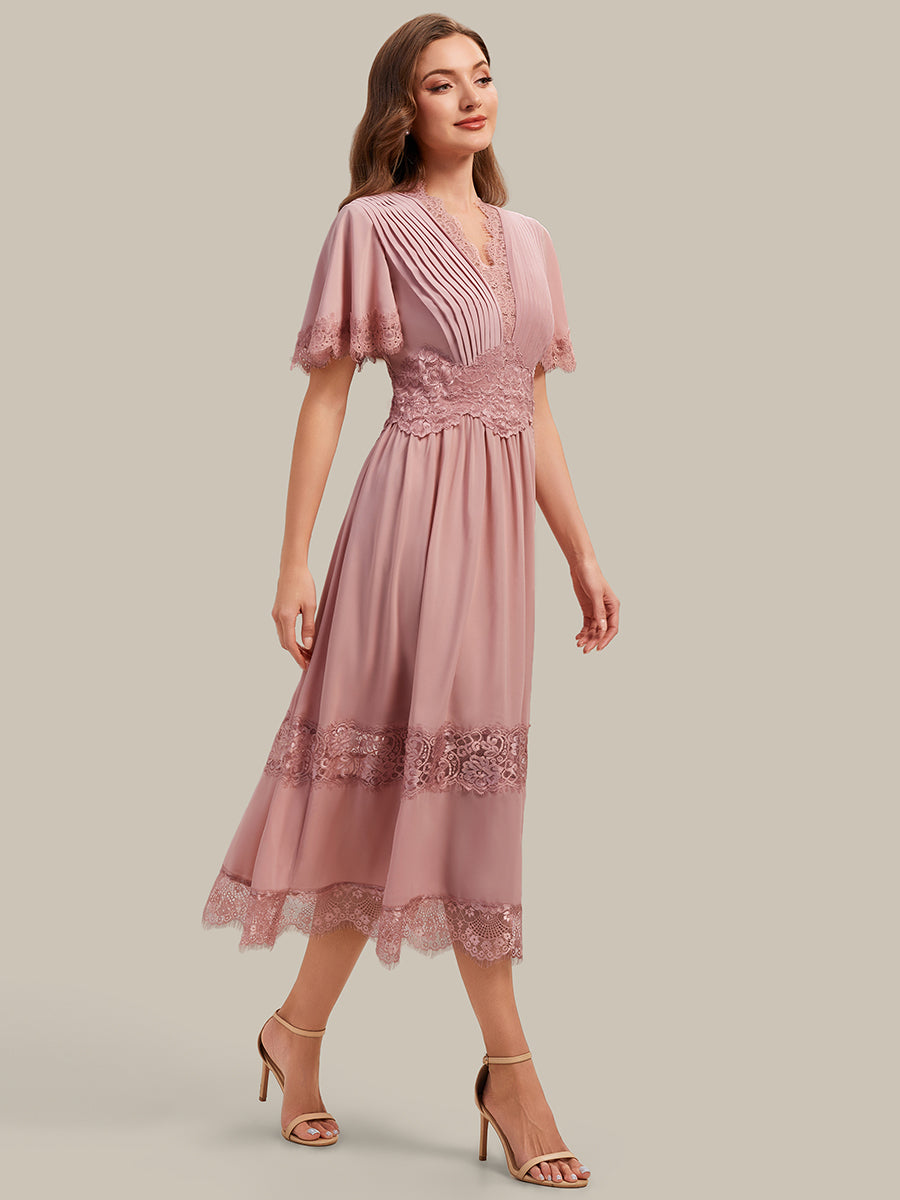 Cut-Out Detail Chiffon Ruffle Sleeve Wedding Guest Dress #color_Dusty Rose