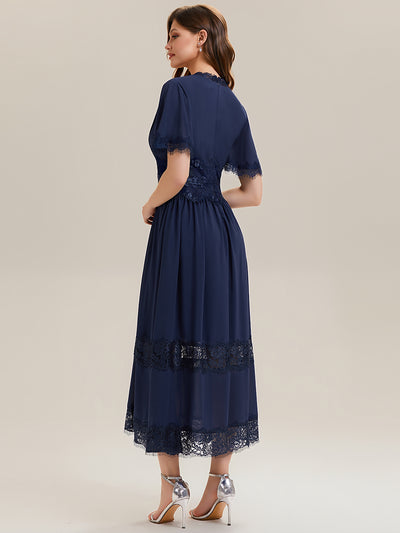 Cut-Out Detail Chiffon Ruffle Sleeve Wedding Guest Dress #color_Navy Blue