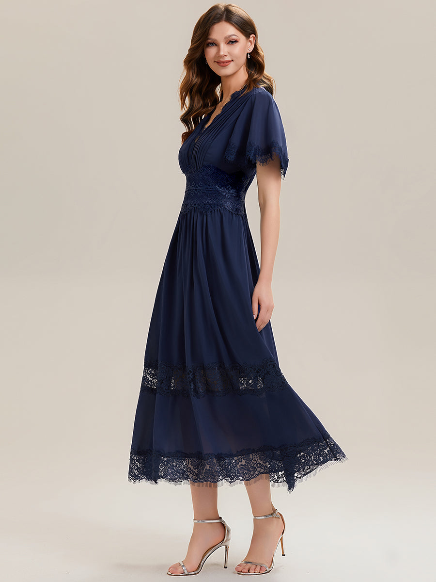 Cut-Out Detail Chiffon Ruffle Sleeve Wedding Guest Dress #color_Navy Blue