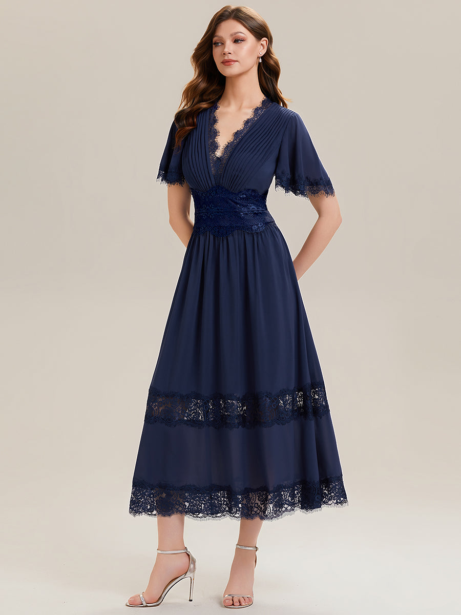 Ever-Pretty Lace Trim Midi Fall Wedding Guest Dress with Flutter Sleeves