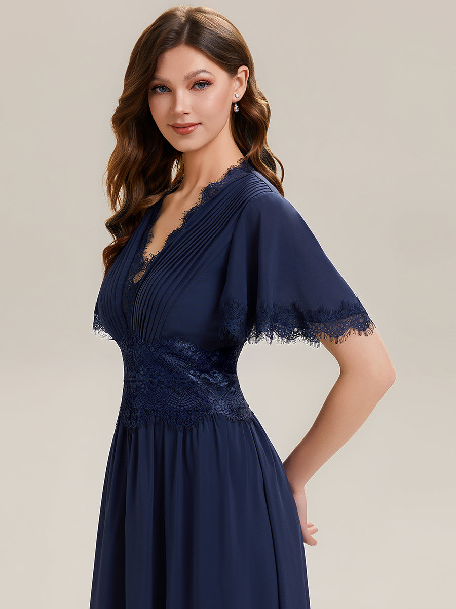 Cut-Out Detail Chiffon Ruffle Sleeve Wedding Guest Dress #color_Navy Blue