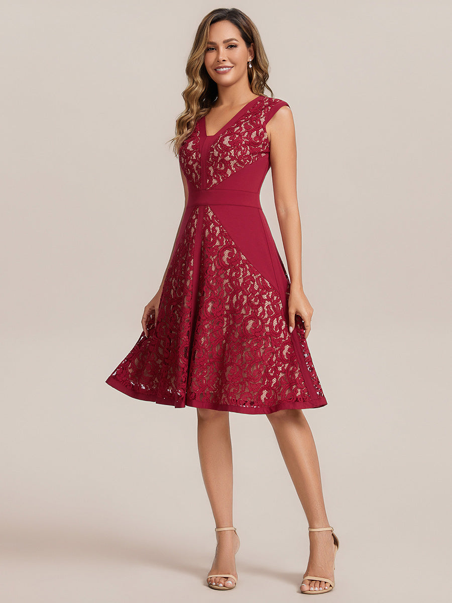 See-through Lace Sleeveless Wedding Guest Dress #color_Dark Red