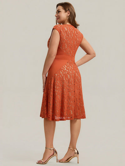 Plus Size See-through Lace Sleeveless Wedding Guest Dress #color_Burnt Orange