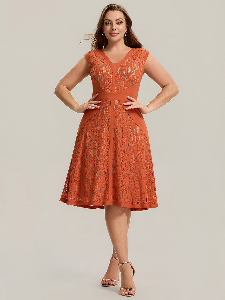 Plus Size See-through Lace Sleeveless Wedding Guest Dress #color_Burnt Orange