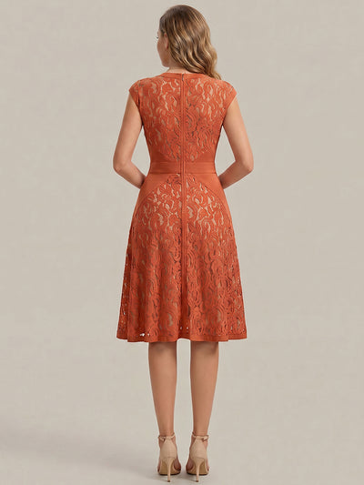 See-through Lace Sleeveless Wedding Guest Dress #color_Burnt Orange