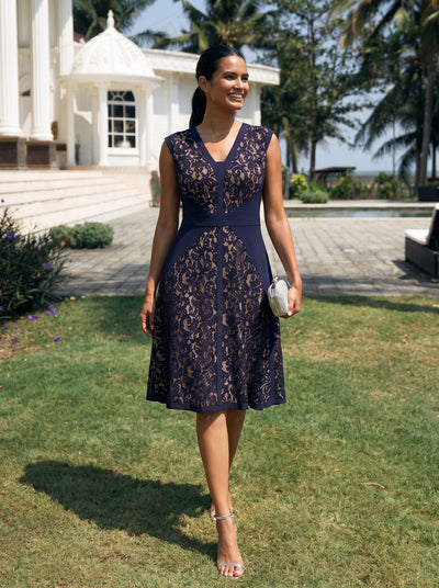 See-through Lace Sleeveless Wedding Guest Dress #color_Navy Blue