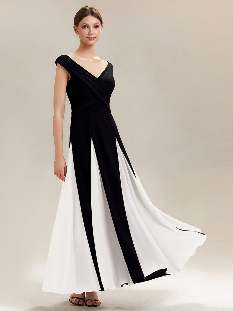 semi formal black and white dress Hellymoon Women Black and White Satin Long Sheath Formal Dress with Slit  Deep V-Neck Patchwork Sleeveless Evening Dress