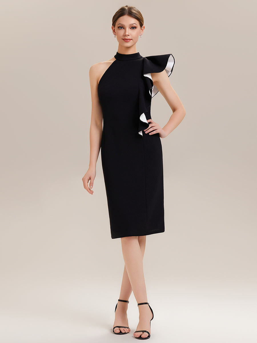 Asymmetric Ruffled Knit Sleeveless Midi Wedding Guest Dress #color_Ivory-Black