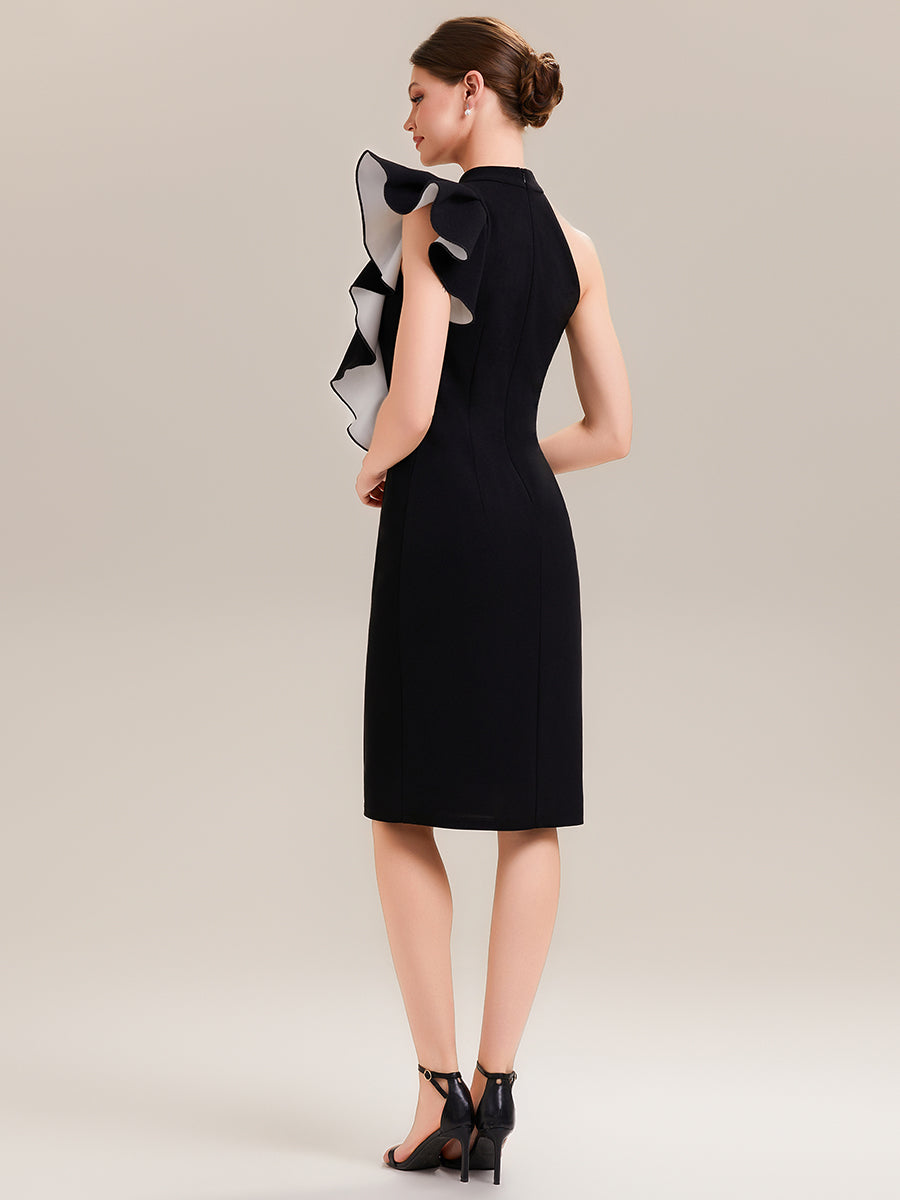 Asymmetric Ruffled Knit Sleeveless Midi Wedding Guest Dress #color_Ivory-Black