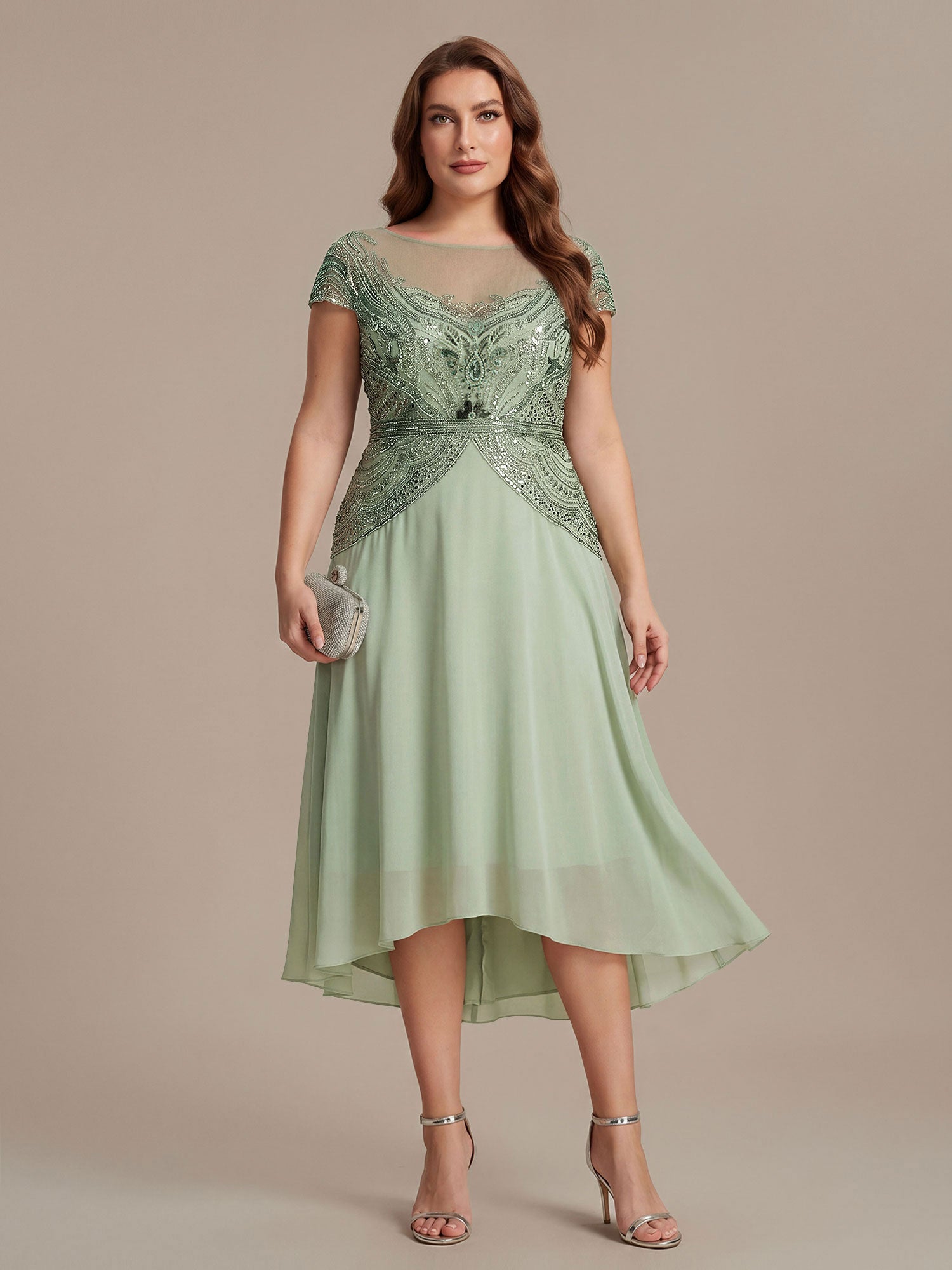 See-Through Beaded Sheath Round Neck Wedding Guest Dress #color_Mint Green