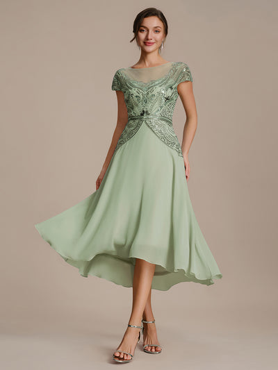 ever NUIT|See-Through Beaded Sheath Round Neck Wedding Guest Dress