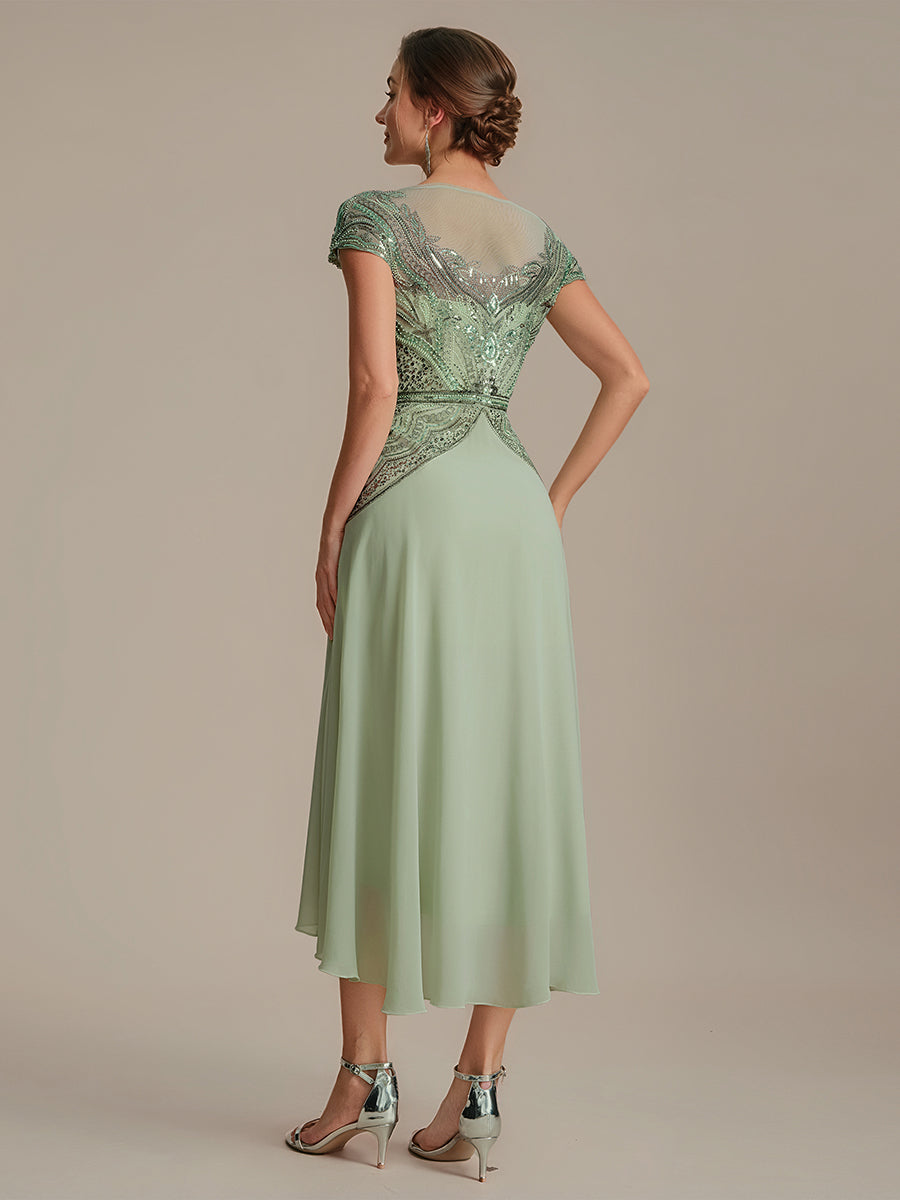 See-Through Beaded Sheath Round Neck Wedding Guest Dress #color_Mint Green