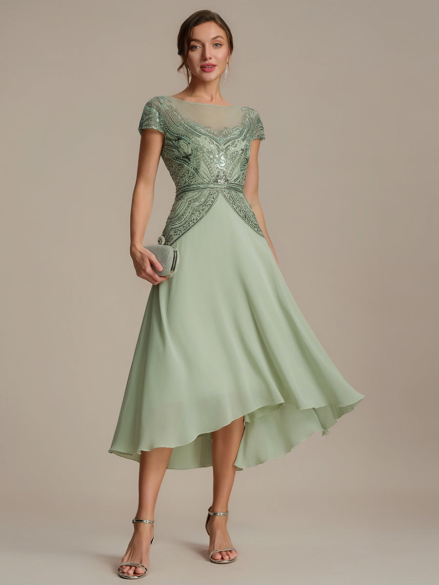 See-Through Beaded Sheath Round Neck Wedding Guest Dress #color_Mint Green