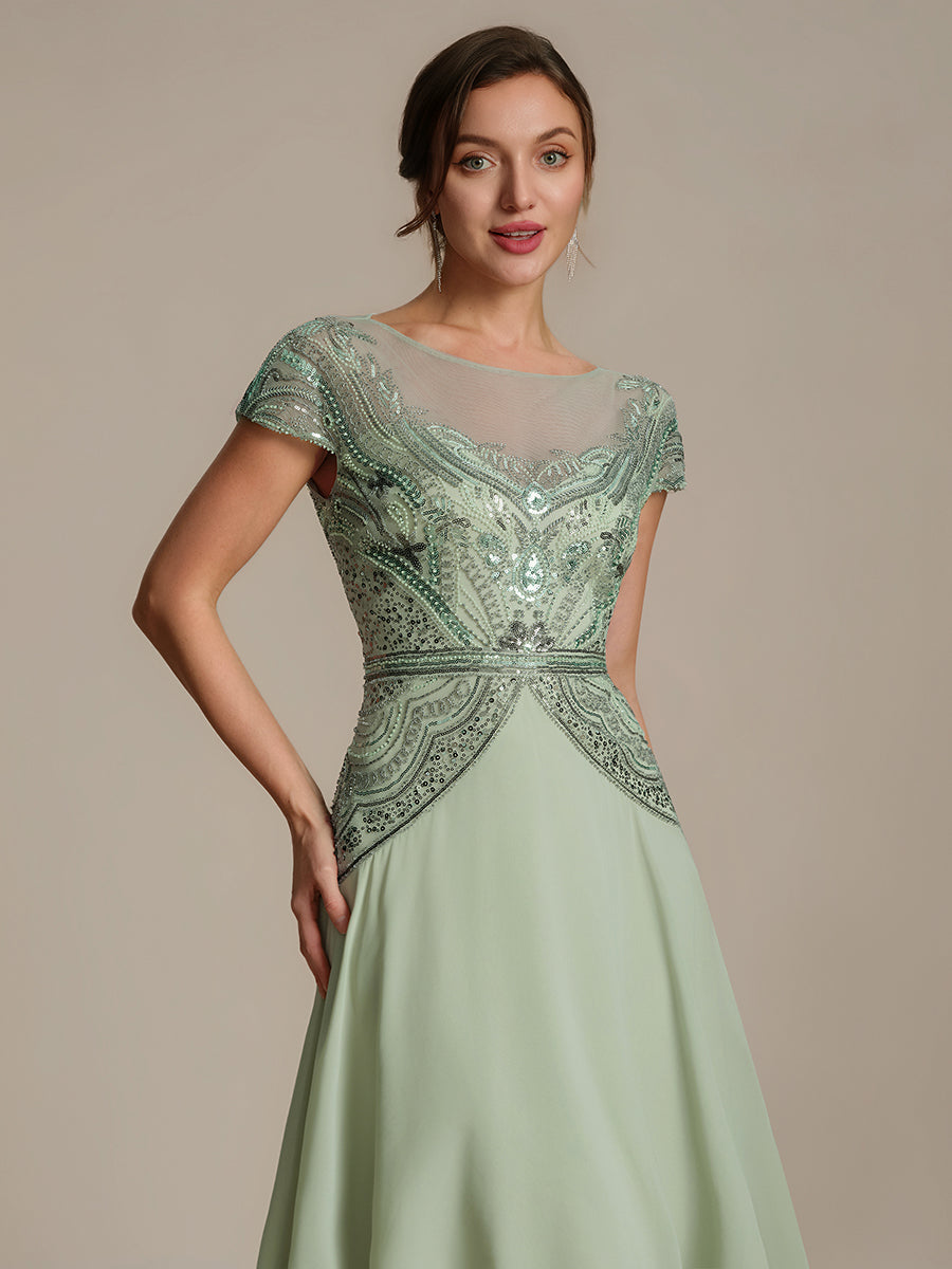 See-Through Beaded Sheath Round Neck Wedding Guest Dress #color_Mint Green