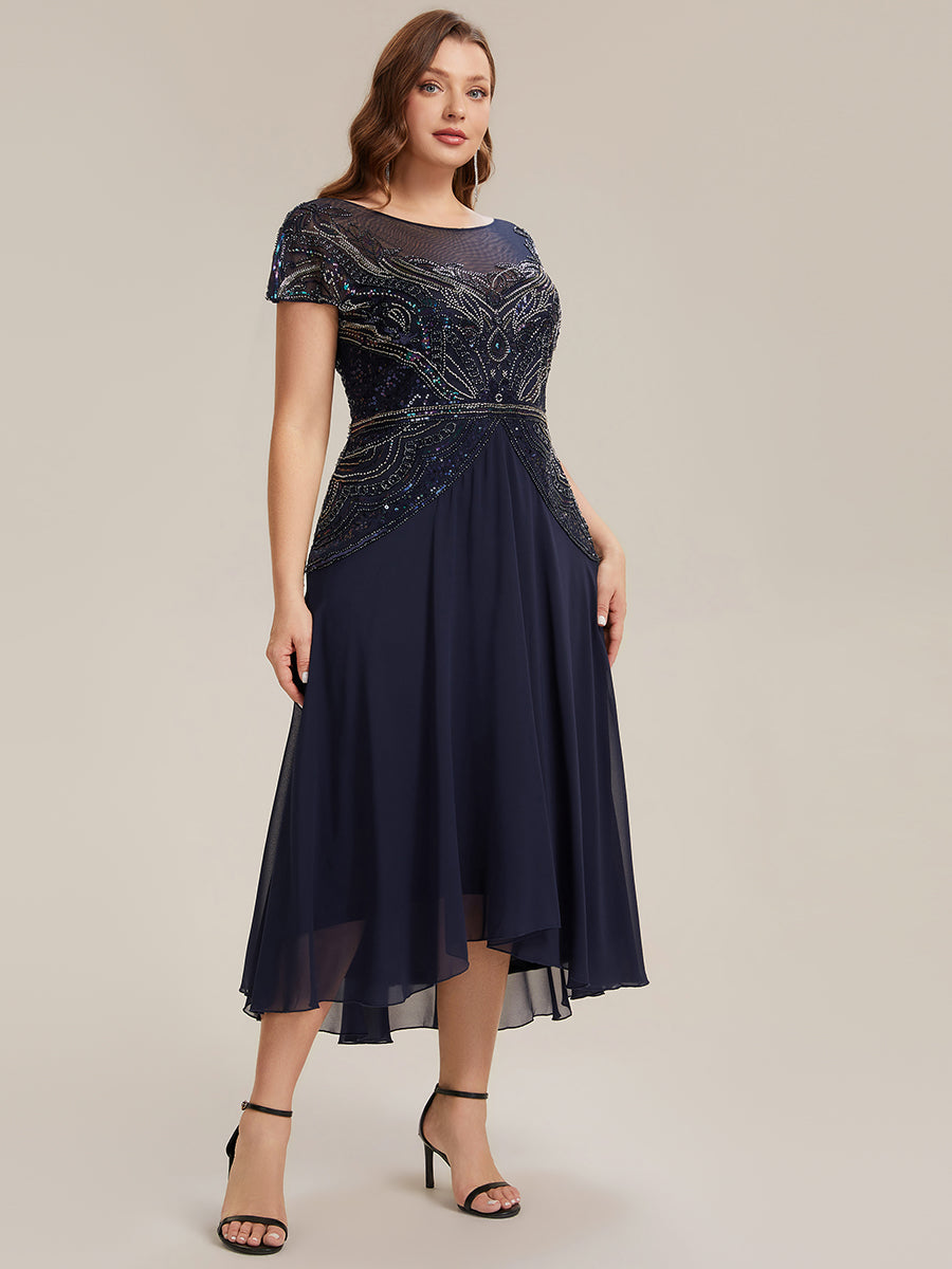 Ever-Pretty Beaded High-Low Chiffon Midi Mother of the Bride Dress with Sheer Neckline