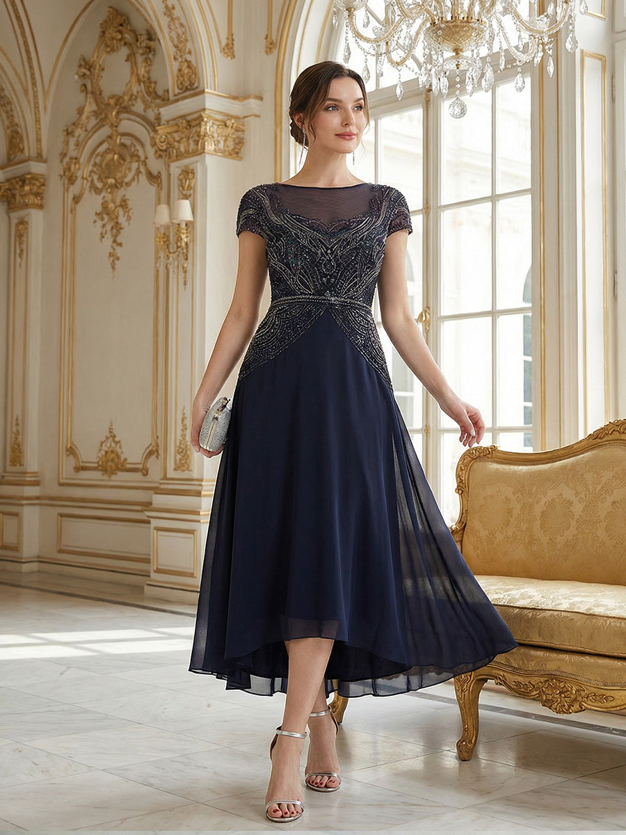 See-Through Beaded Sheath Round Neck Wedding Guest Dress #color_Navy Blue