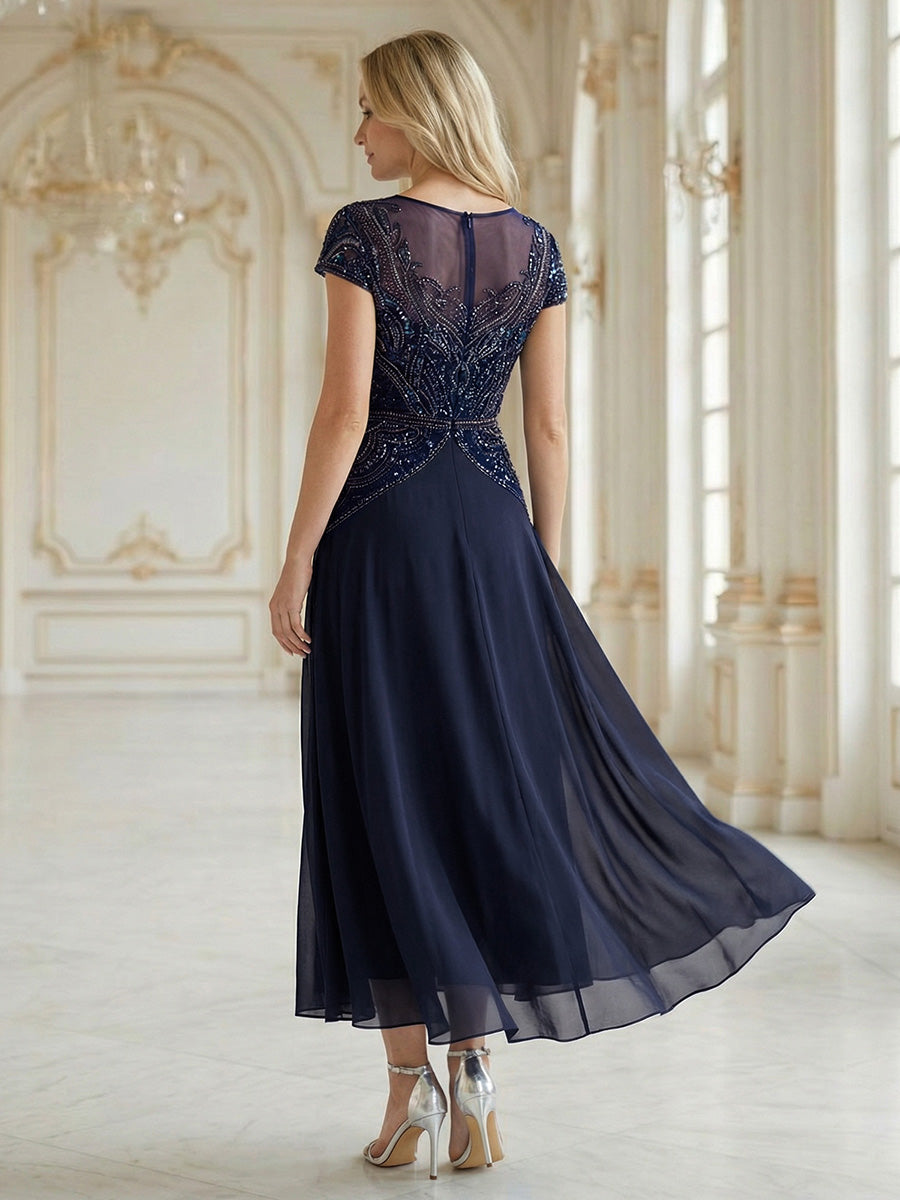 beaded dresses for wedding guest Ever-Pretty High-Low Chiffon Midi Mother of the Bride Dress with Sheer Neckline Occasion Dress Beaded Galaxy Blue Mini Collection: PARFAIT Color:Red Desired agbada length e