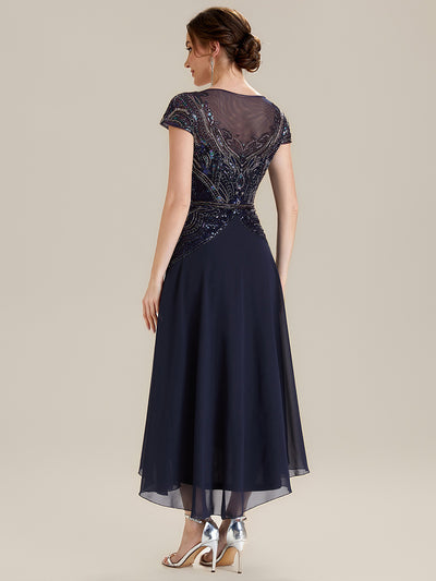 See-Through Beaded Sheath Round Neck Wedding Guest Dress #color_Navy Blue