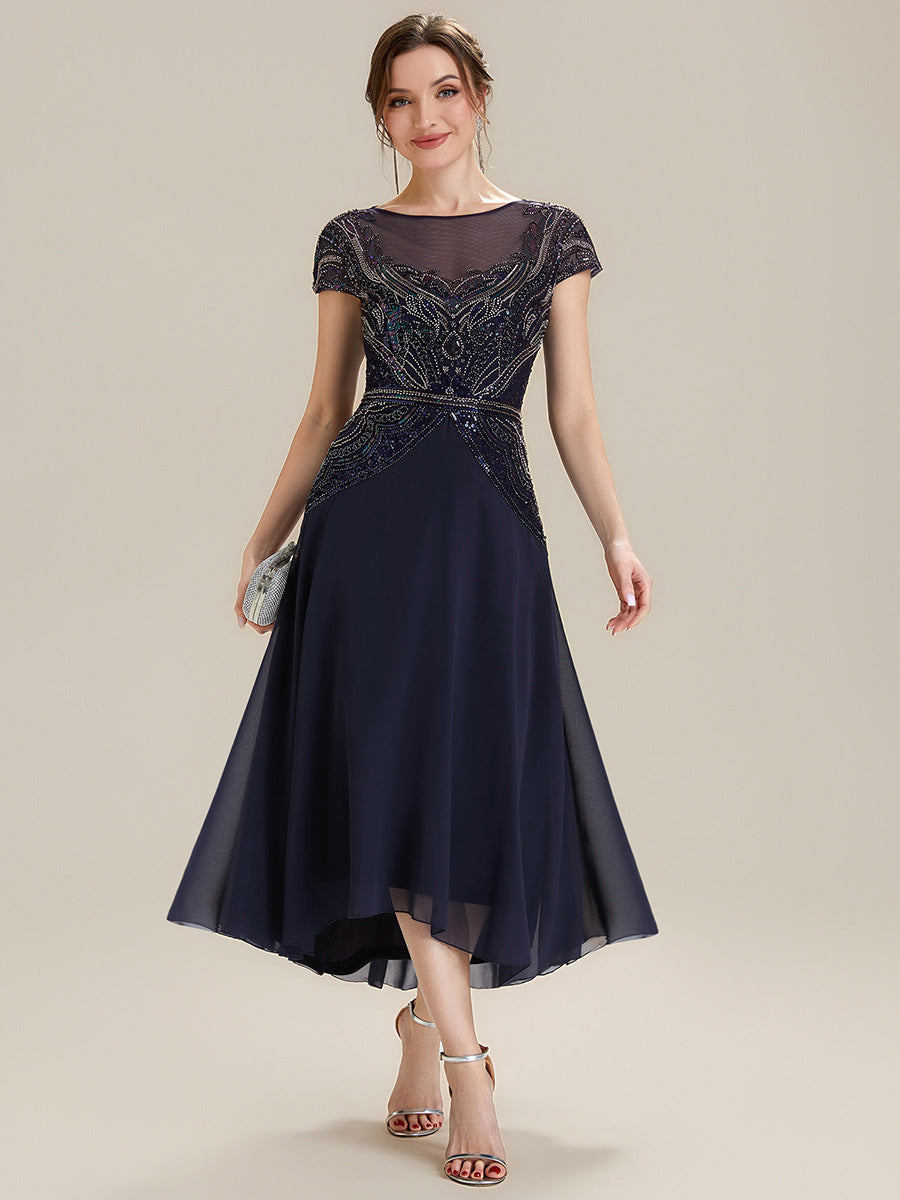beaded wedding guest dress Ever-Pretty High-Low Chiffon Midi Mother of the Bride with Sheer Neckline Occasion Dress Size:large split midi dress GABRIELLE dress Blue Wave Evening dress evening receptions and formal