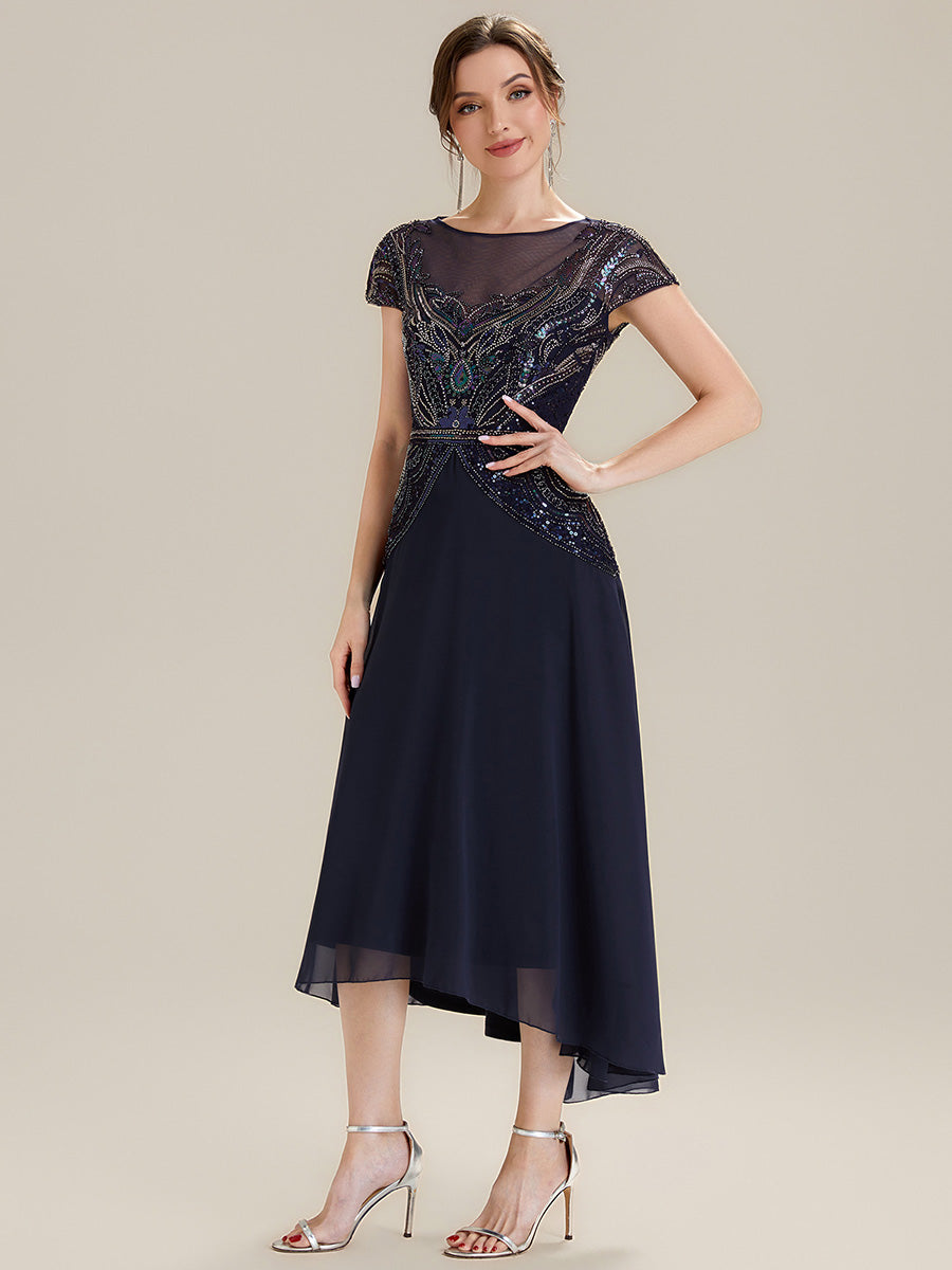 See-Through Beaded Sheath Round Neck Wedding Guest Dress #color_Navy Blue