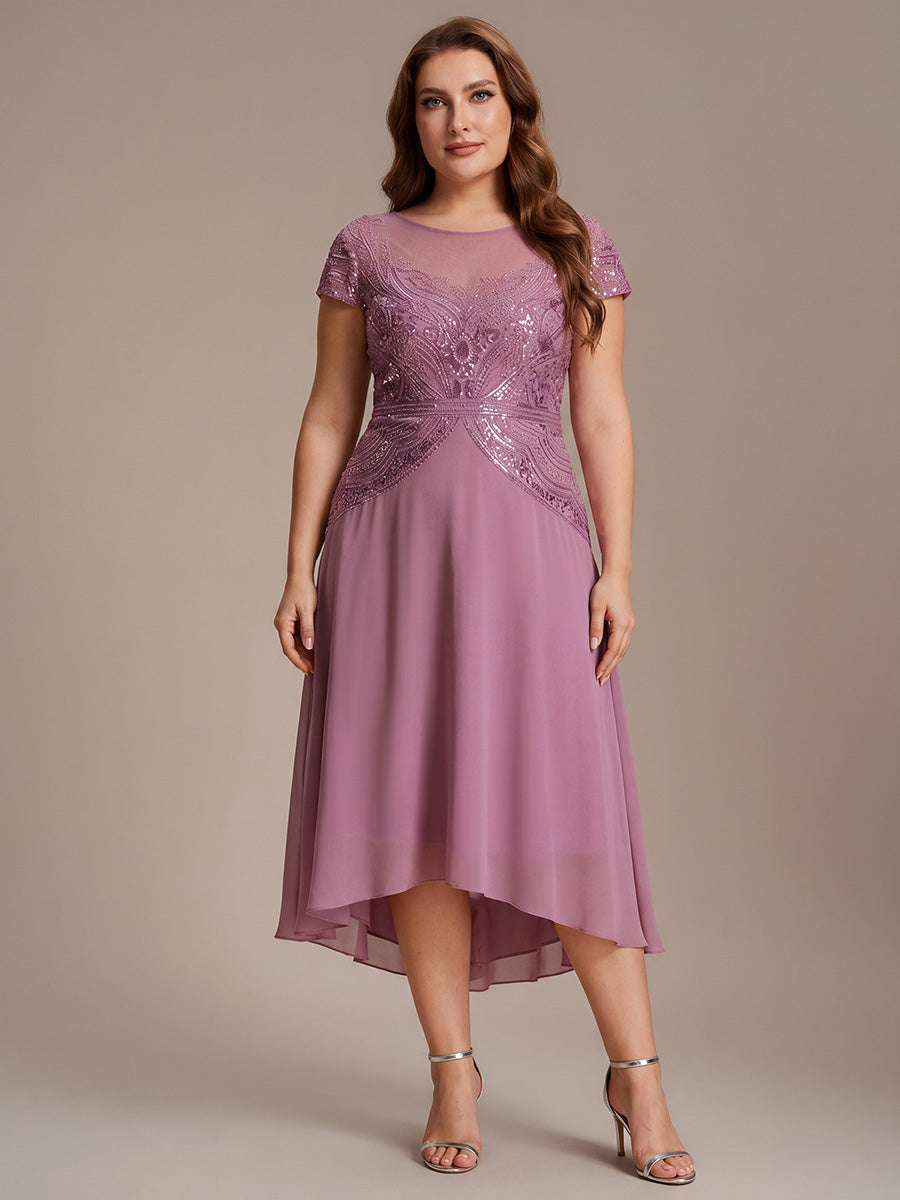 See-Through Beaded Sheath Round Neck Wedding Guest Dress #color_Purple Orchid