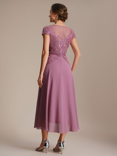 See-Through Beaded Sheath Round Neck Wedding Guest Dress #color_Purple Orchid