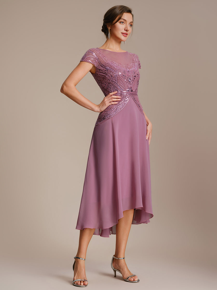 See-Through Beaded Sheath Round Neck Wedding Guest Dress #color_Purple Orchid