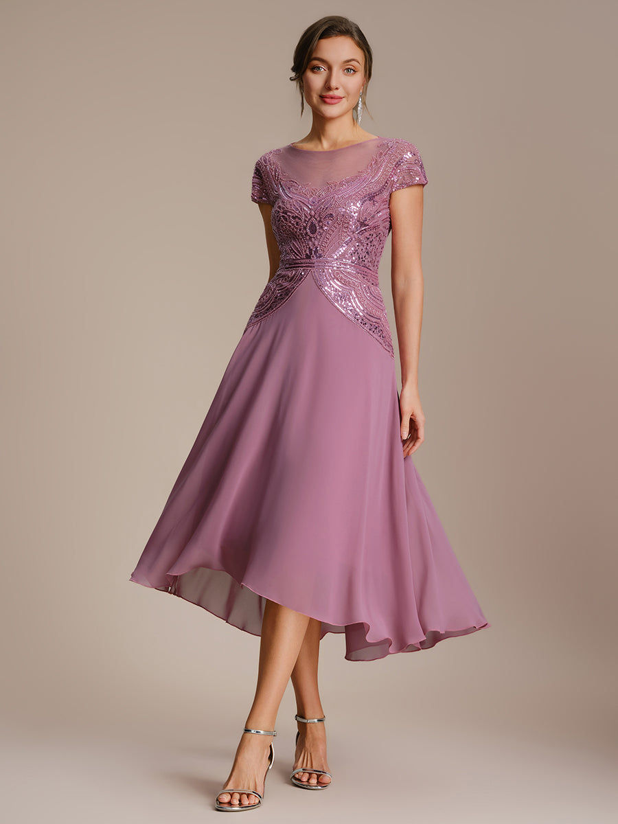 See-Through Beaded Sheath Round Neck Wedding Guest Dress #color_Purple Orchid