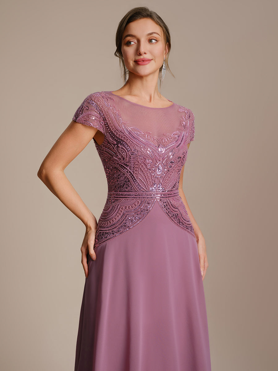 See-Through Beaded Sheath Round Neck Wedding Guest Dress #color_Purple Orchid
