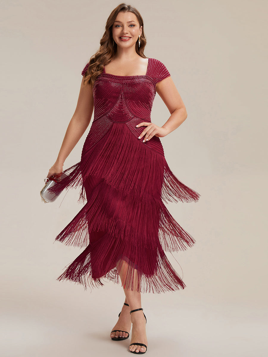 Sequin Sleeveless fringe cocktail dress #color_Burgundy