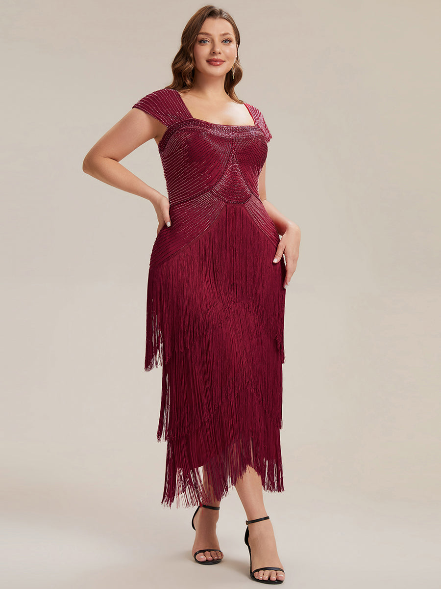 Sequin Sleeveless fringe cocktail dress #color_Burgundy