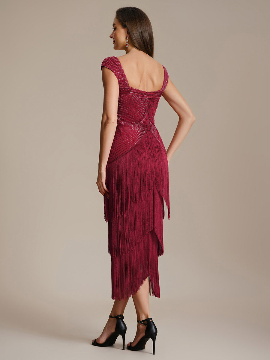 Sequin Sleeveless fringe cocktail dress #color_Burgundy
