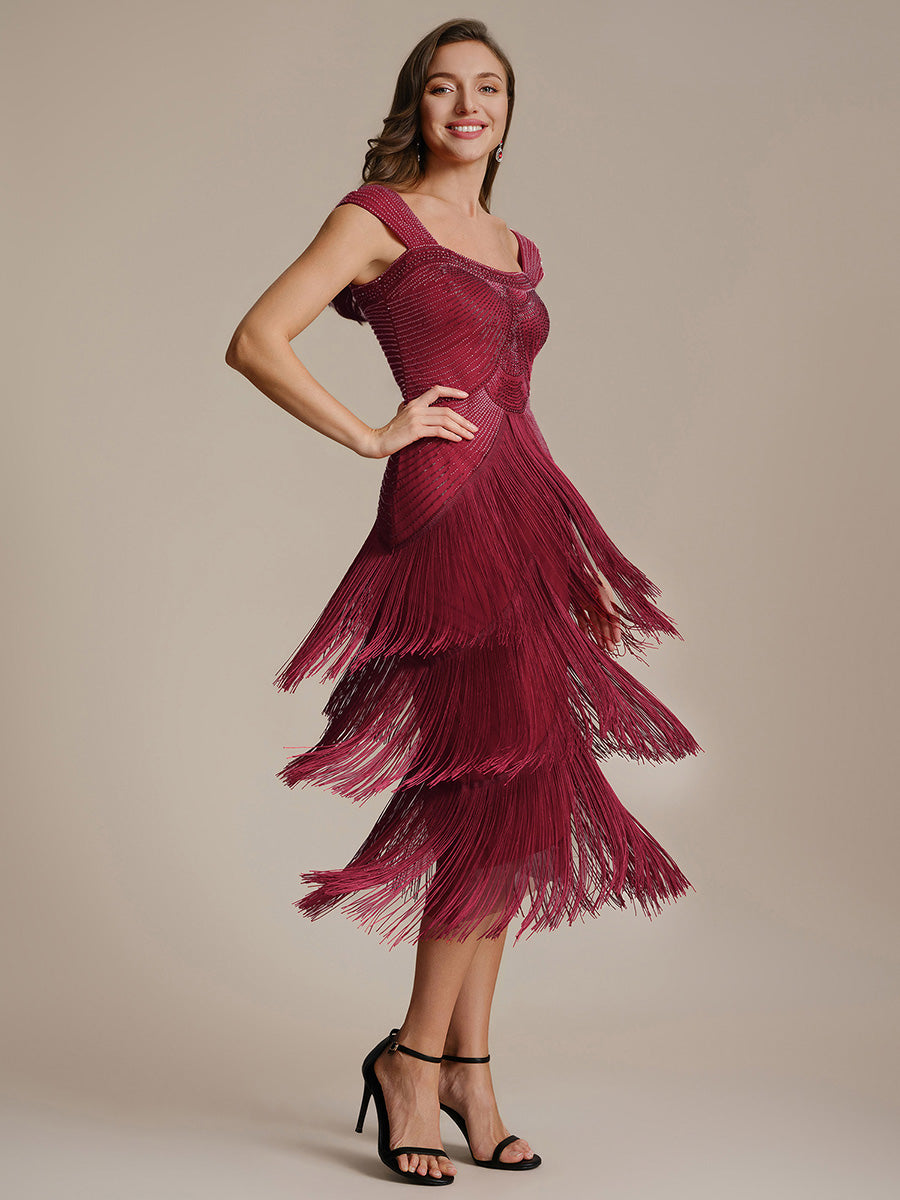 Sequin Sleeveless fringe cocktail dress #color_Burgundy