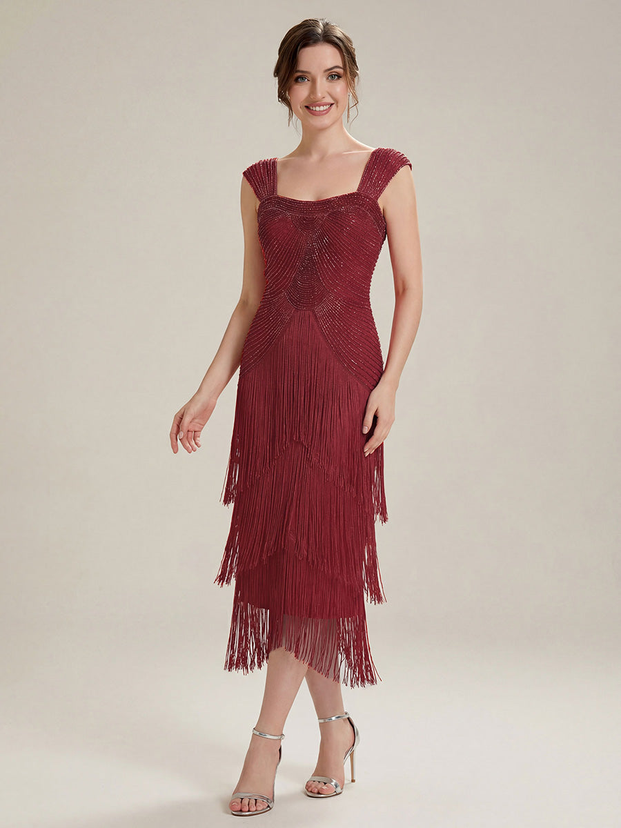 Sequin Sleeveless fringe cocktail dress #color_Burgundy