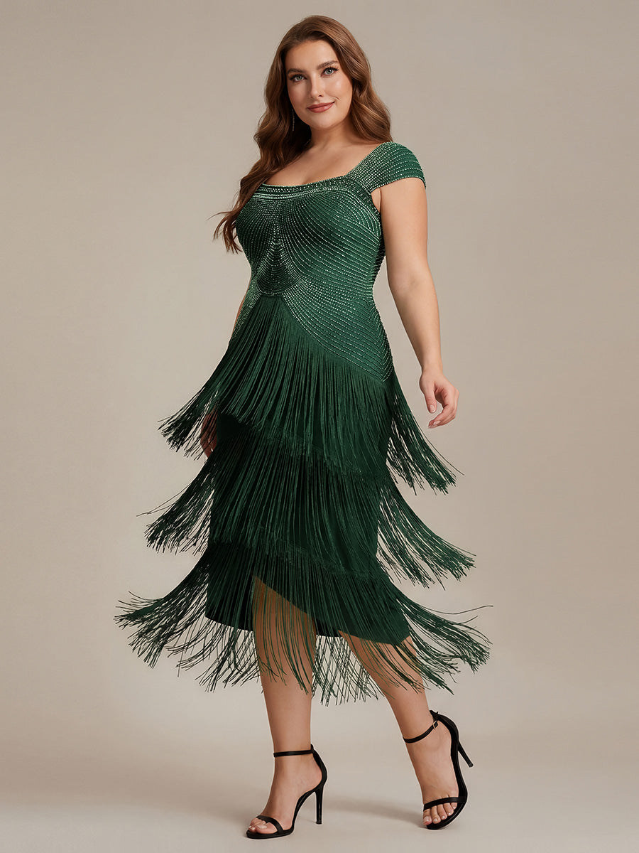 Sequin Sleeveless fringe cocktail dress #color_Dark Green