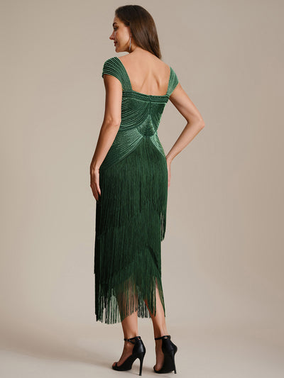 Sequin Sleeveless fringe cocktail dress #color_Dark Green
