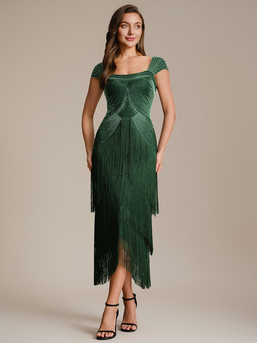 Sequin Sleeveless fringe cocktail dress #color_Dark Green