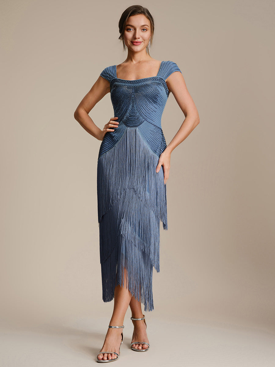 Sequin Sleeveless fringe cocktail dress #color_Dusty Blue